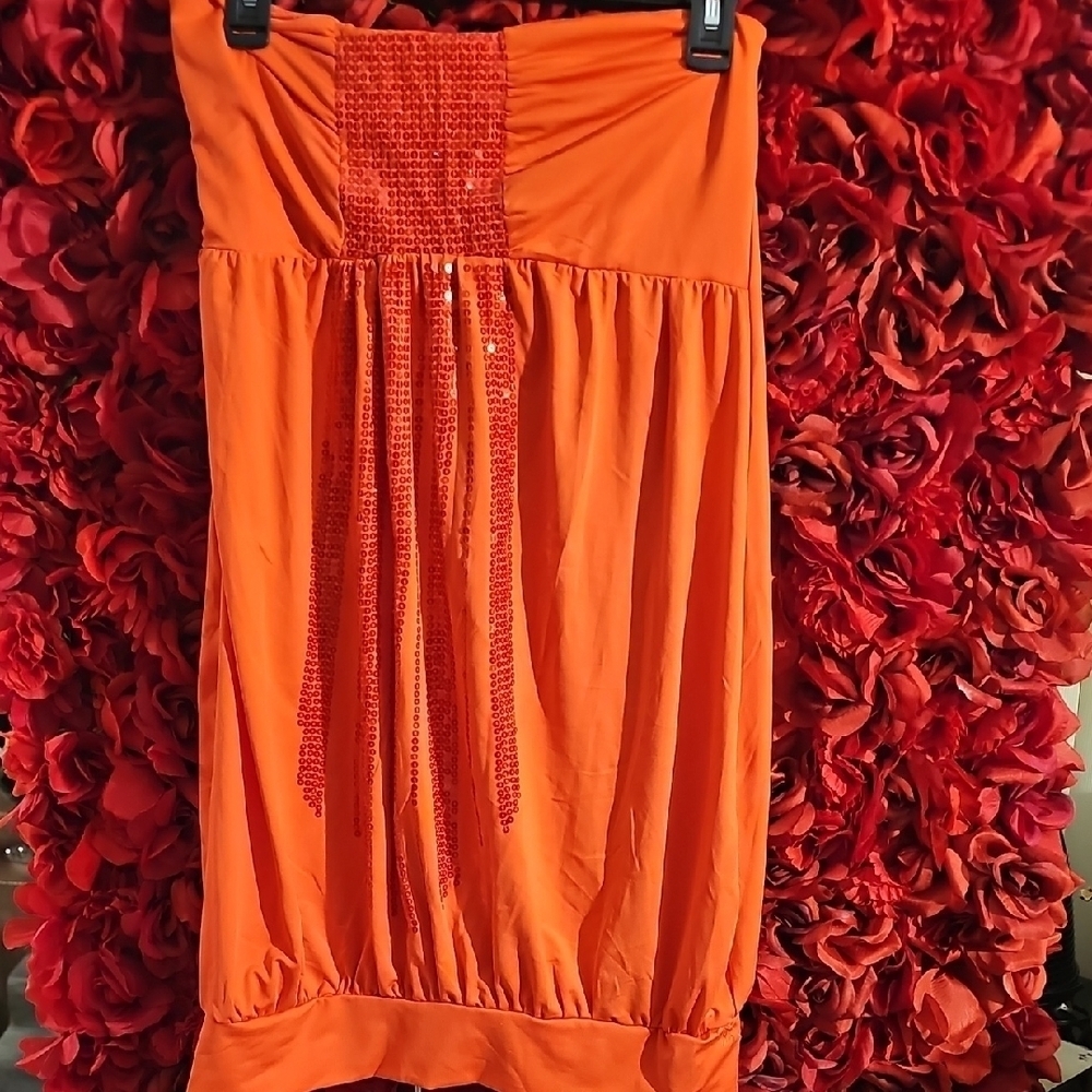 Women's Elegant Orange Strapless Dress With Sequined Detail Size XXL